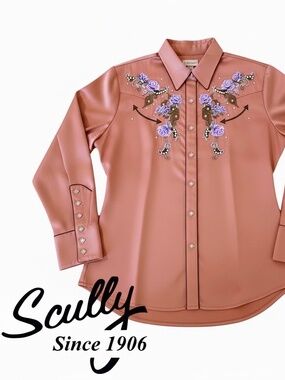 Scully Womens L Diamond Pearl Snap Western Shirt Embroidered Floral Rhinestones